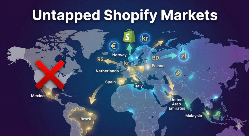 A world map highlighting various international regions outside of North America, with Shopify and currency icons floating above them, indicating global e-commerce opportunity.