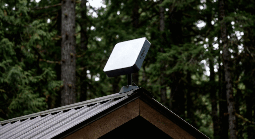 A compact Amazon Leo customer terminal antenna mounted on the roof of a cabin in a forest.