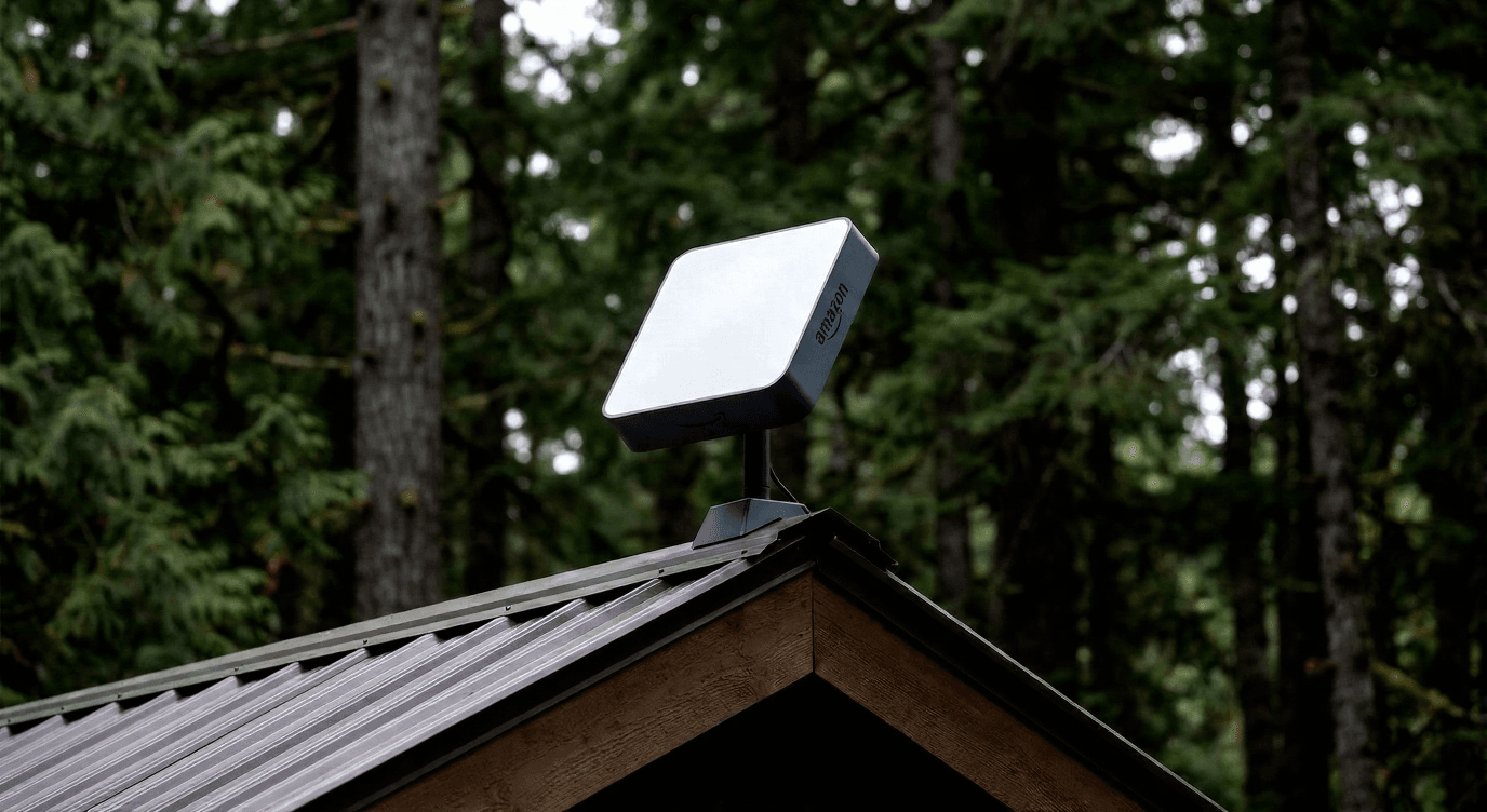 A compact Amazon Leo customer terminal antenna mounted on the roof of a cabin in a forest.