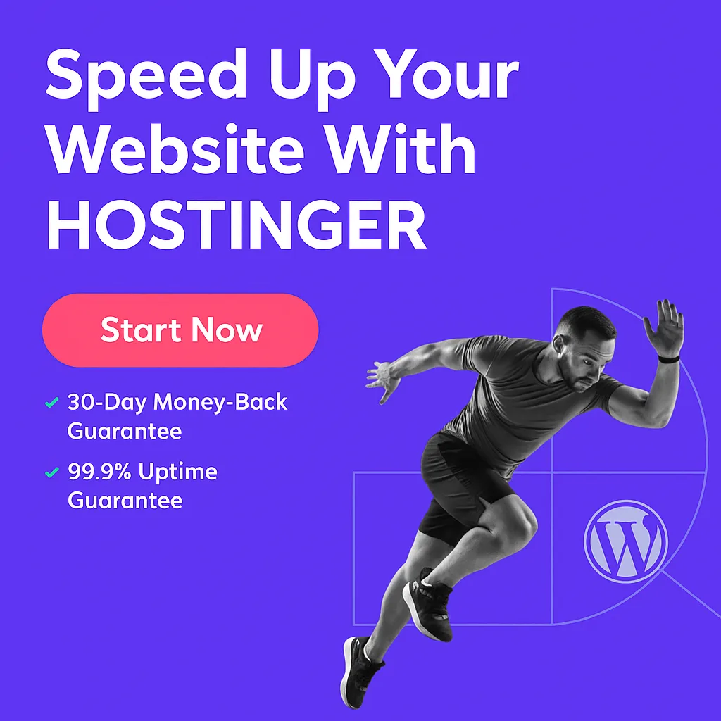 Affiliate marketing banner promoting Hostinger web hosting, featuring bold text that reads “Speed Up Your Website With Hostinger,” a red Start Now button, benefit points like 30-day money-back guarantee and 99.9% uptime, a sprinting athlete graphic, and a discount offer using code CYANIDETECH.