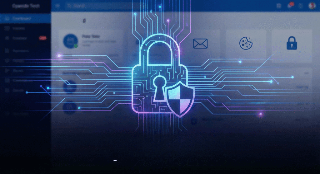 Digital security illustration with a glowing padlock and shield representing data protection,