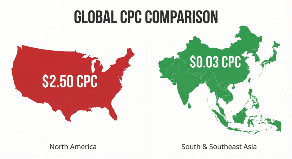 Map comparing high cost USA Facebook ads versus low CPC Facebook ads countries like Pakistan and India