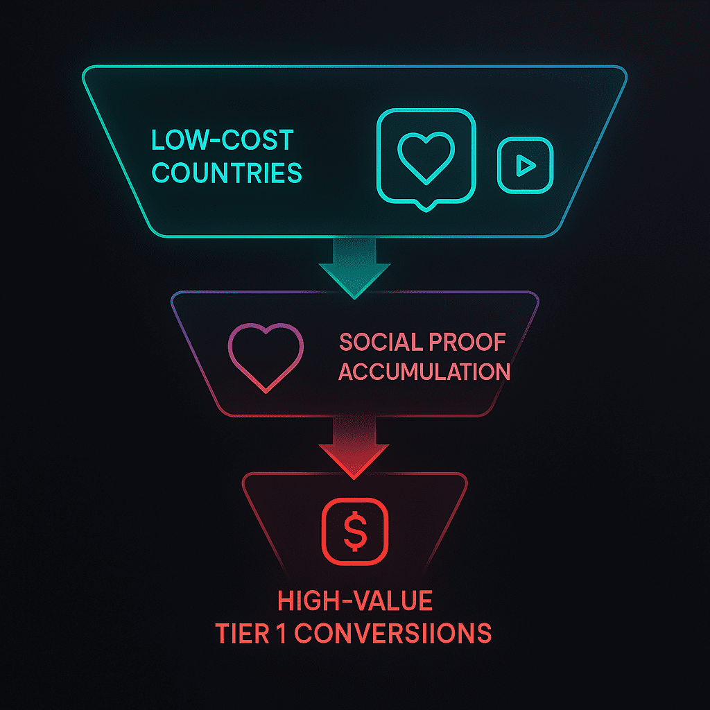 Geo-arbitrage strategy using low CPC countries to build social proof for Instagram ads