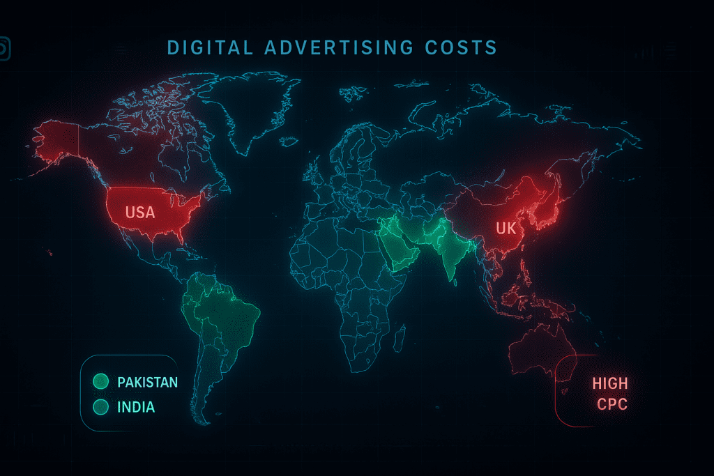 Global map showing lowest CPC countries for Instagram ads compared to high-cost markets