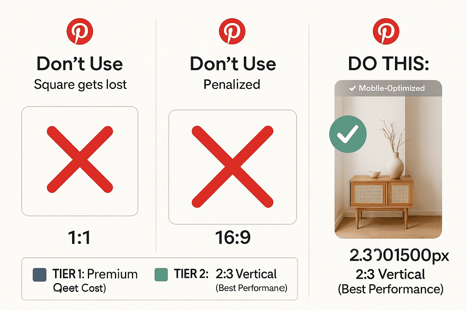 Visual guide comparing Pinterest ad sizes, showing why 2:3 vertical images perform better than square or landscape formats on mobile.