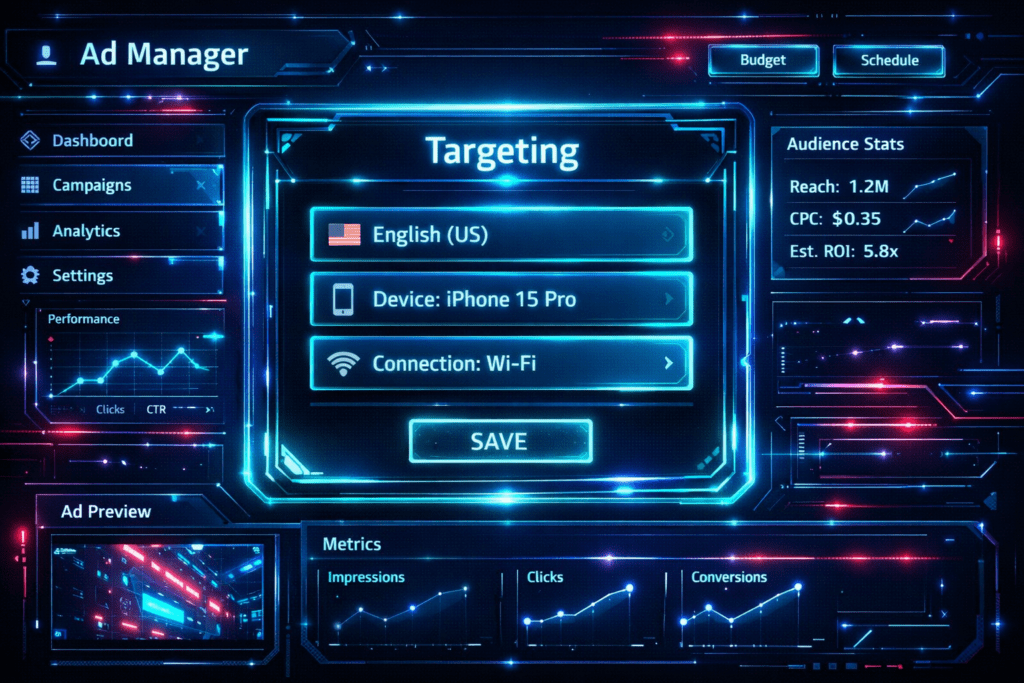 Facebook Ads Manager interface showing the 'Behavioral Proxy' targeting stack: English language, iOS device, and Wi-Fi connection.