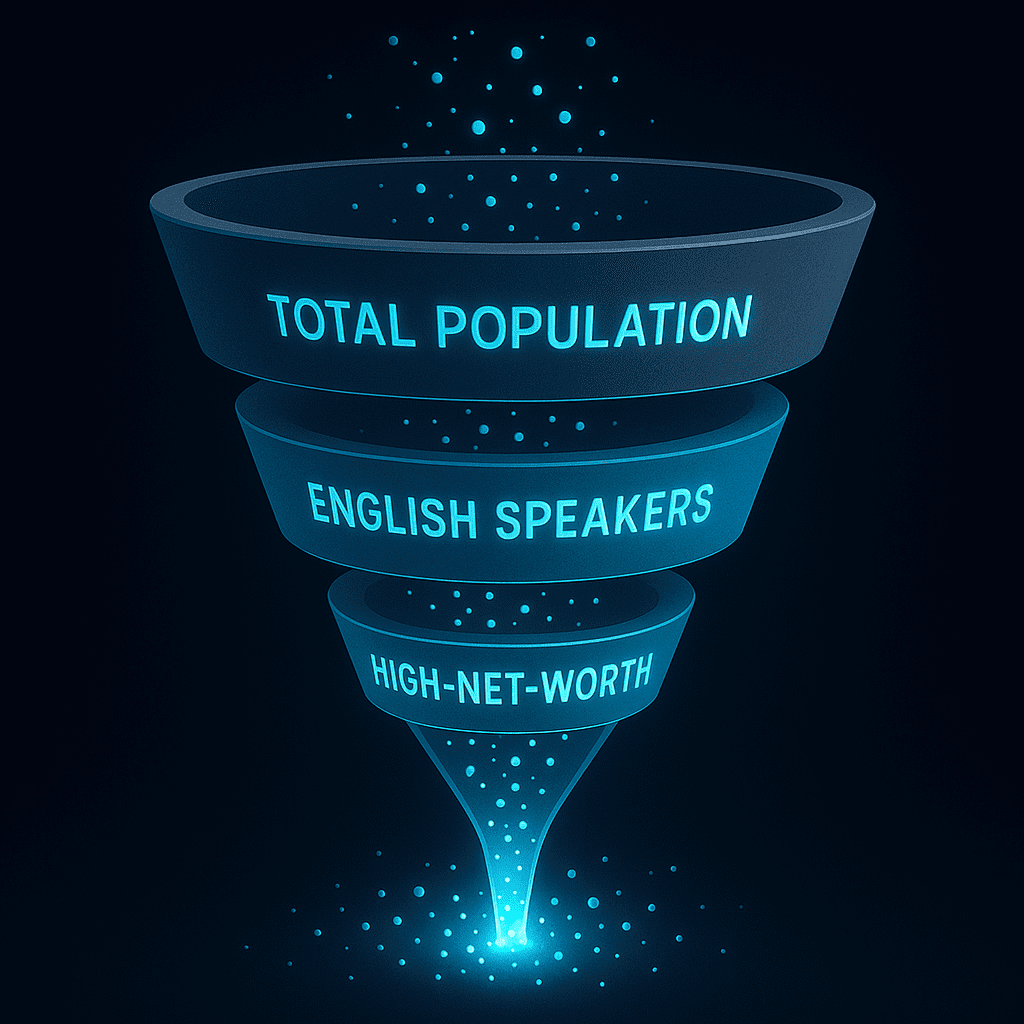 Funnel diagram illustrating demographic filtration: filtering a broad population down to high-net-worth users using behavioral proxies.