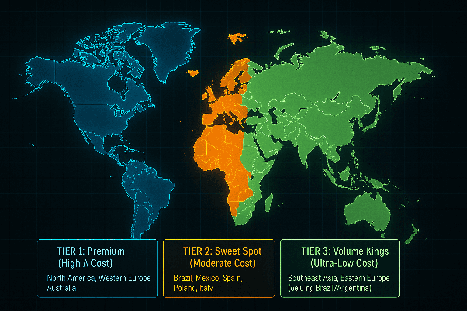 World map highlighting Tier 1, Tier 2, and Tier 3 countries for Pinterest advertising, showing the best regions for low-cost traffic arbitrage.