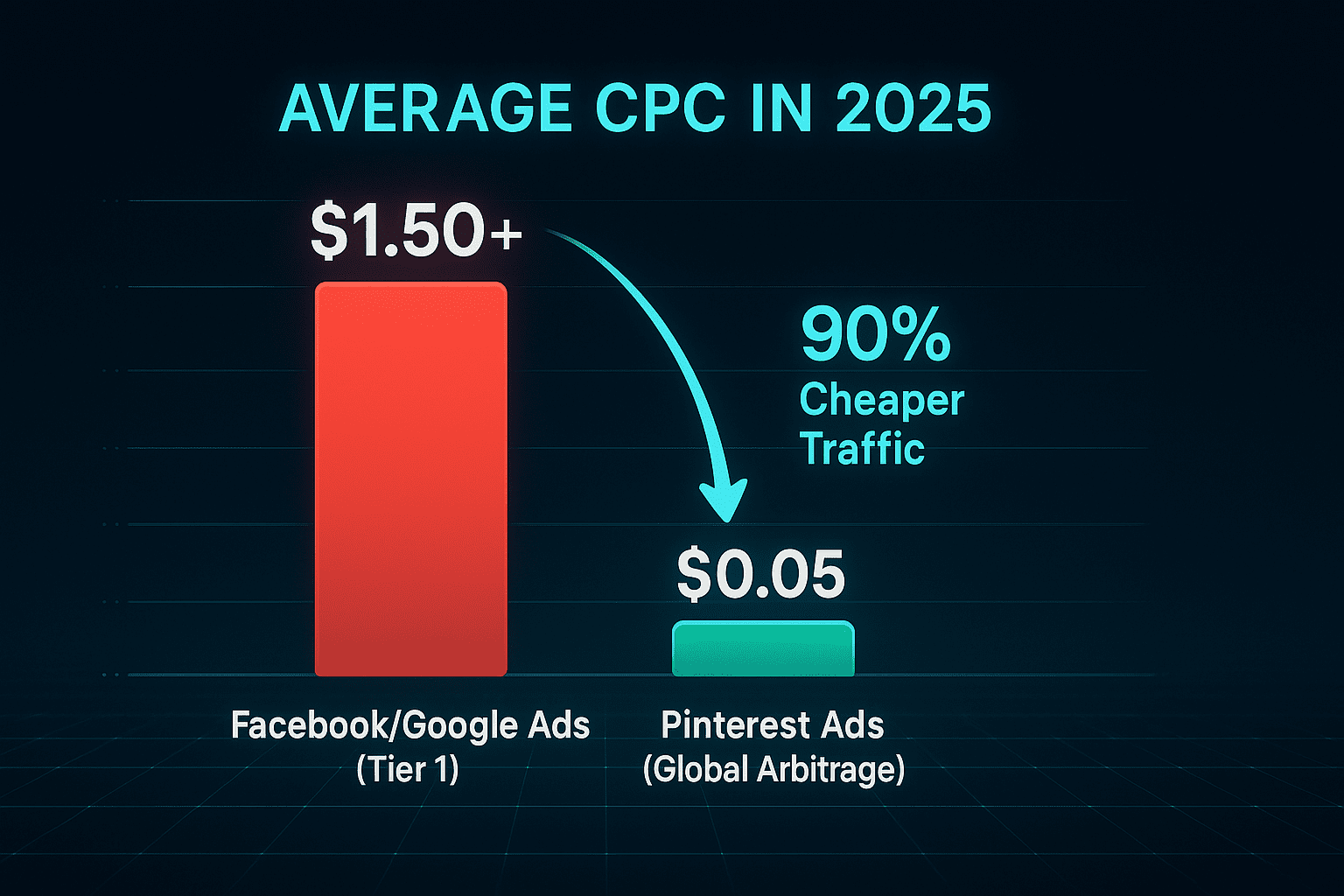 Bar chart comparison showing the high cost of Facebook Ads ($1.50+) versus Low CPC Pinterest Ads ($0.05) using a geo-arbitrage strategy.