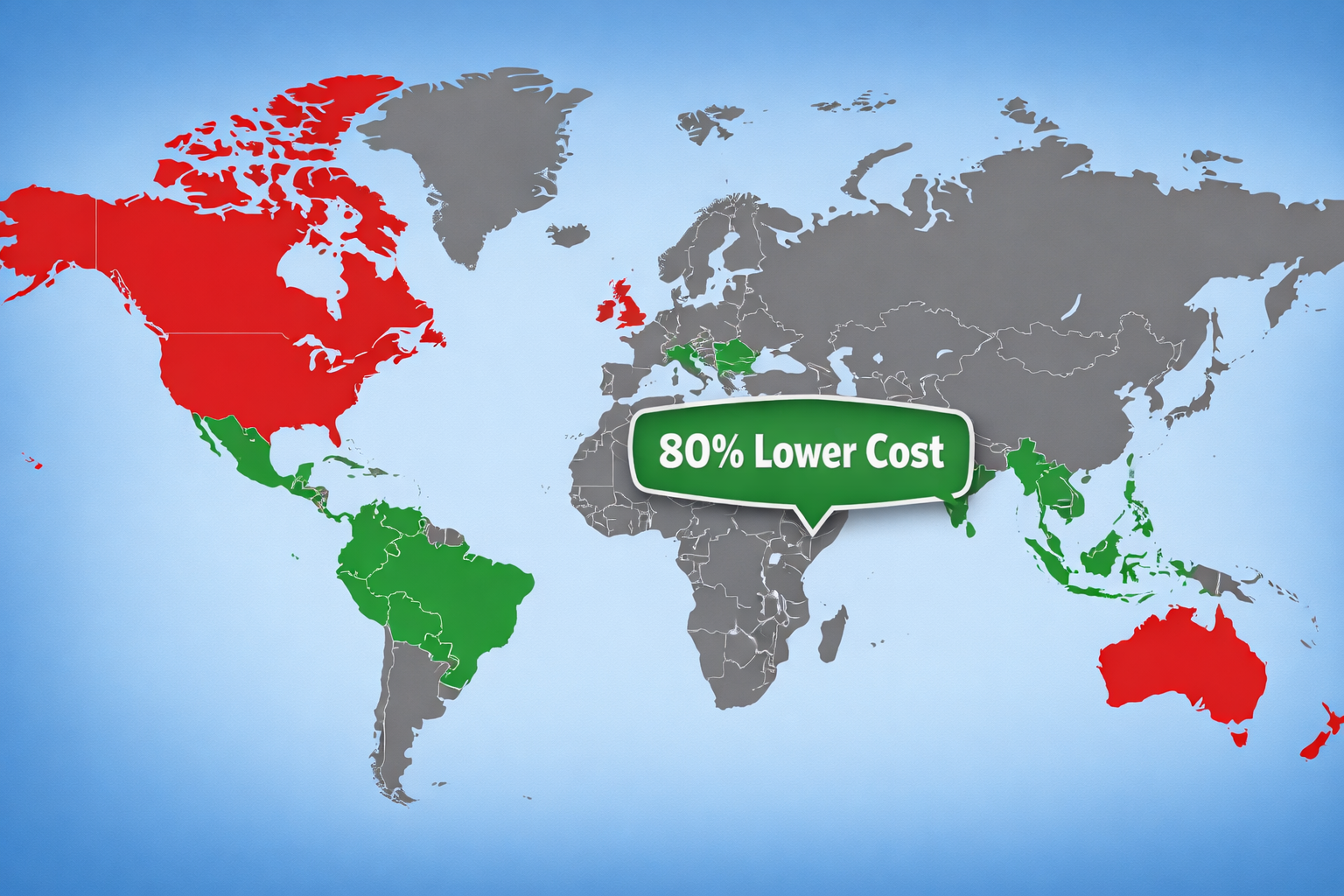 World map heatmap illustrating Geo-Arbitrage ad strategies, highlighting high CPM 'Red Zones' (USA, UK) versus low CPM 'Green Zones' (Poland, Brazil) with an 80% cost reduction overlay for customer acquisition.