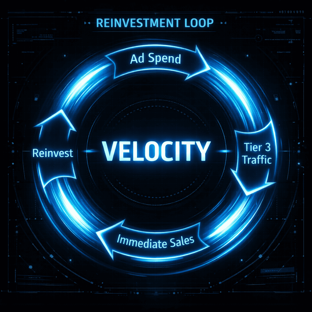 Circular diagram showing the 30-day cash flow cycle: Ad Spend -> Traffic -> Sales -> Profit -> Reinvest. Glowing cyan indicating speed.