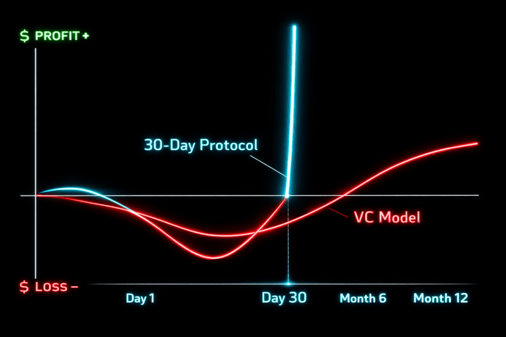 Neon line graph comparing payback periods. The red line (VC Model) dips deep and recovers in 12 months. The cyan line (Cyanide Protocol) dips slightly and profits in 30 days.
