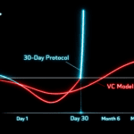 Neon line graph comparing payback periods. The red line (VC Model) dips deep and recovers in 12 months. The cyan line (Cyanide Protocol) dips slightly and profits in 30 days.
