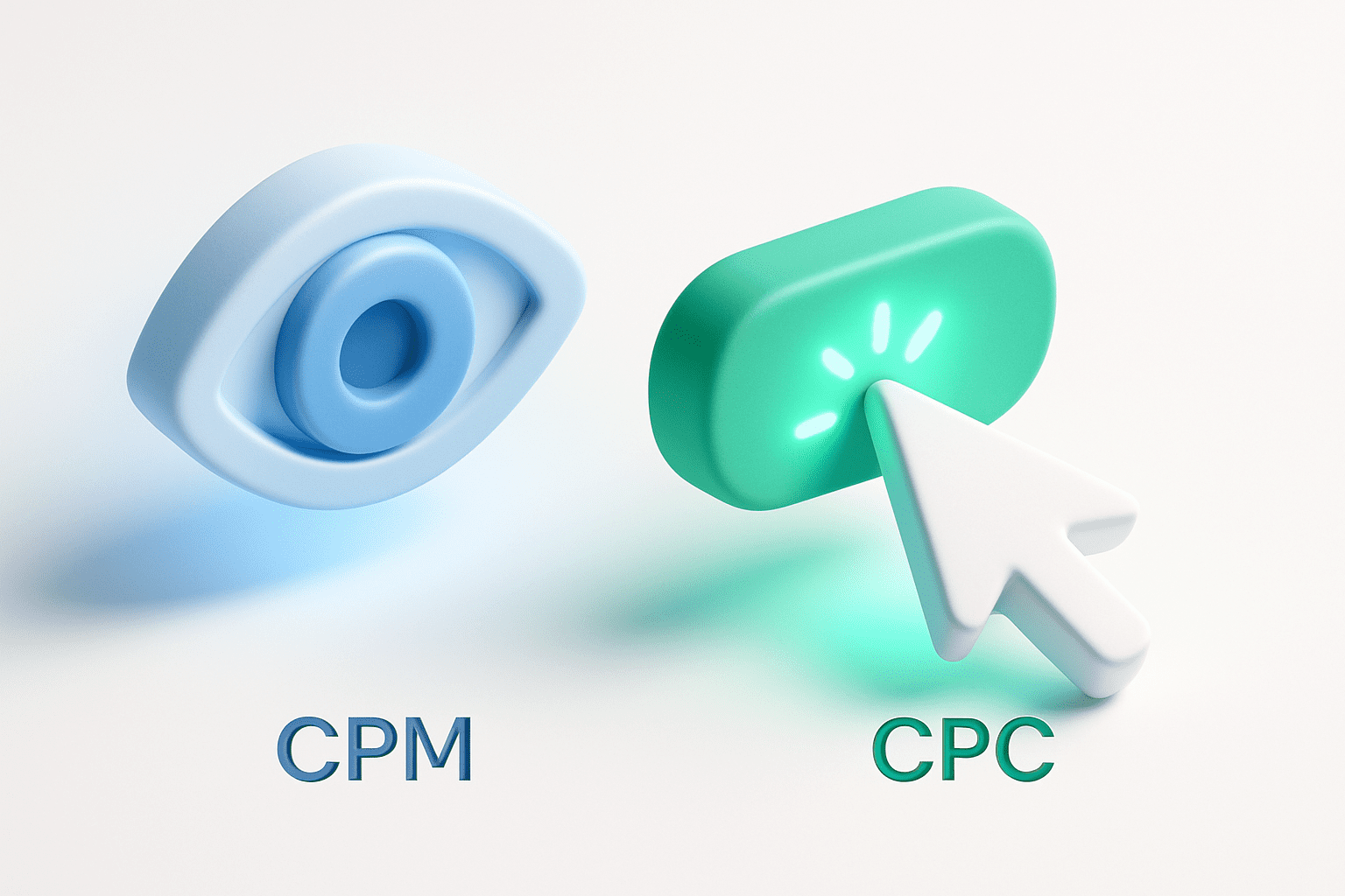 3D illustration comparing CPM (Eye icon for impressions) versus CPC (Cursor icon for clicks) to represent B2B SaaS bidding strategies.