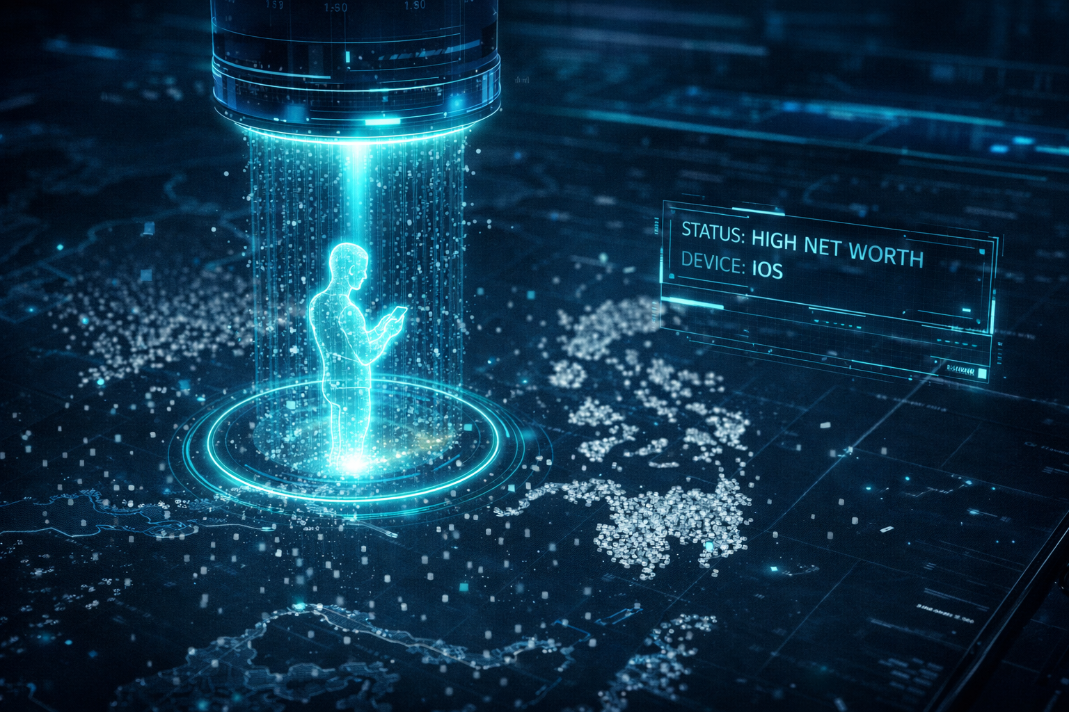 A high-tech digital radar scanning a dark map of Southeast Asia, pinpointing a single high-value user with a glowing blue target reticle.