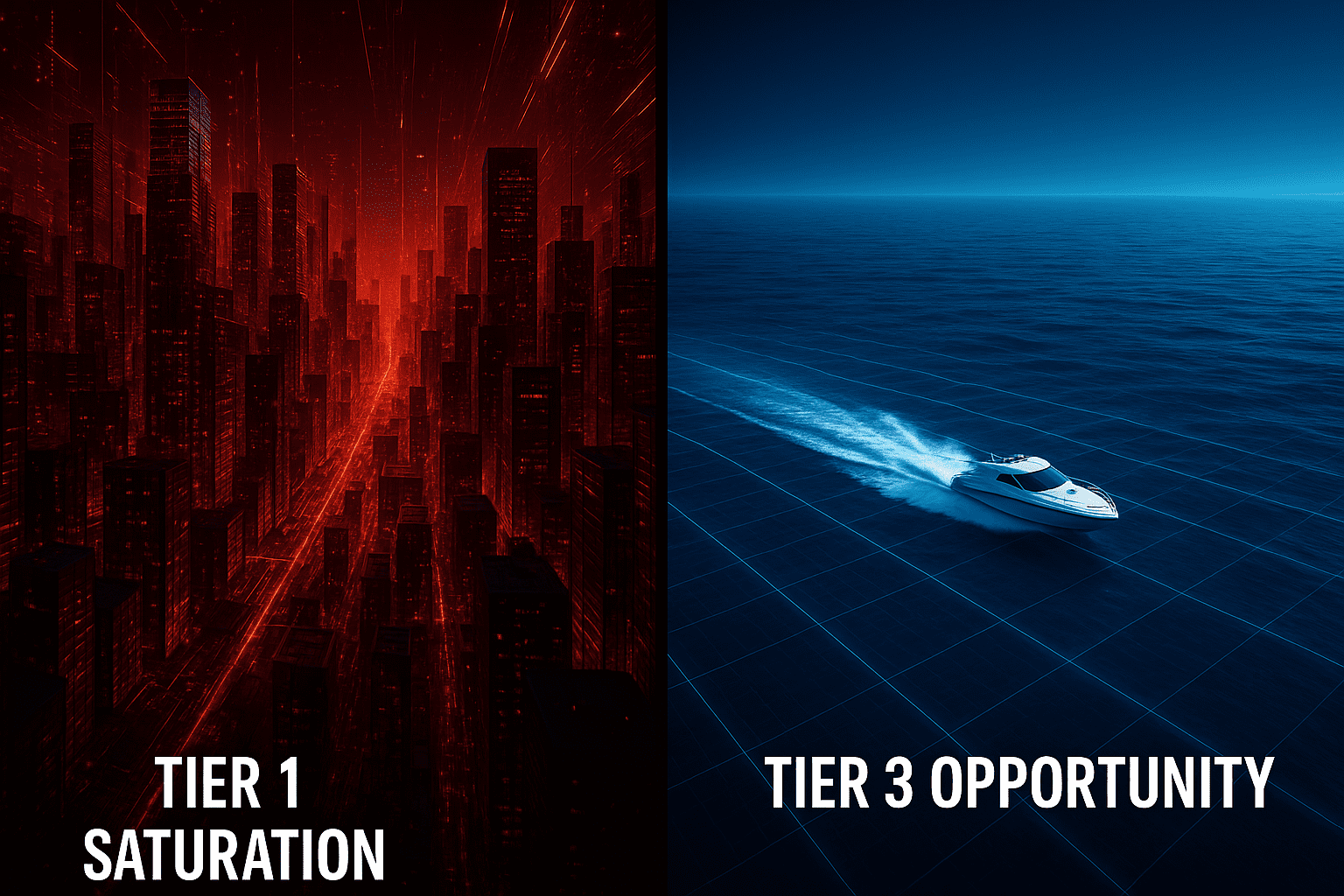 Visual metaphor for Geo-Arbitrage Marketing. Left side shows saturated Tier 1 ad market competition; right side shows high-opportunity, low-competition Tier 3 digital markets.