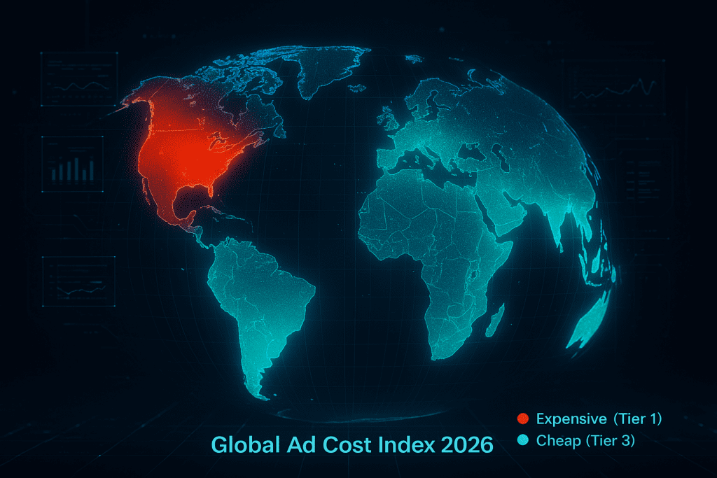 Global Ad Cost Index 2026 heatmap visualization. Red zones indicate high CPM Tier 1 markets (USA, UK), while green zones indicate low cost Tier 3 arbitrage markets (Brazil, India).