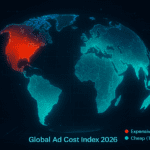 Global Ad Cost Index 2026 heatmap visualization. Red zones indicate high CPM Tier 1 markets (USA, UK), while green zones indicate low cost Tier 3 arbitrage markets (Brazil, India).