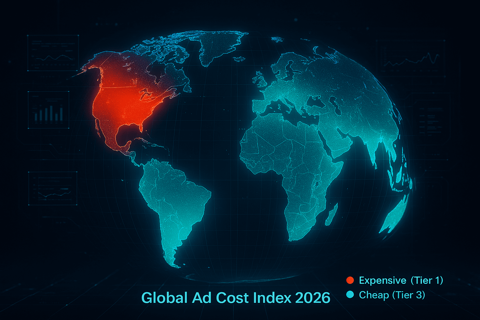 Global Ad Cost Index 2026 heatmap visualization. Red zones indicate high CPM Tier 1 markets (USA, UK), while green zones indicate low cost Tier 3 arbitrage markets (Brazil, India).