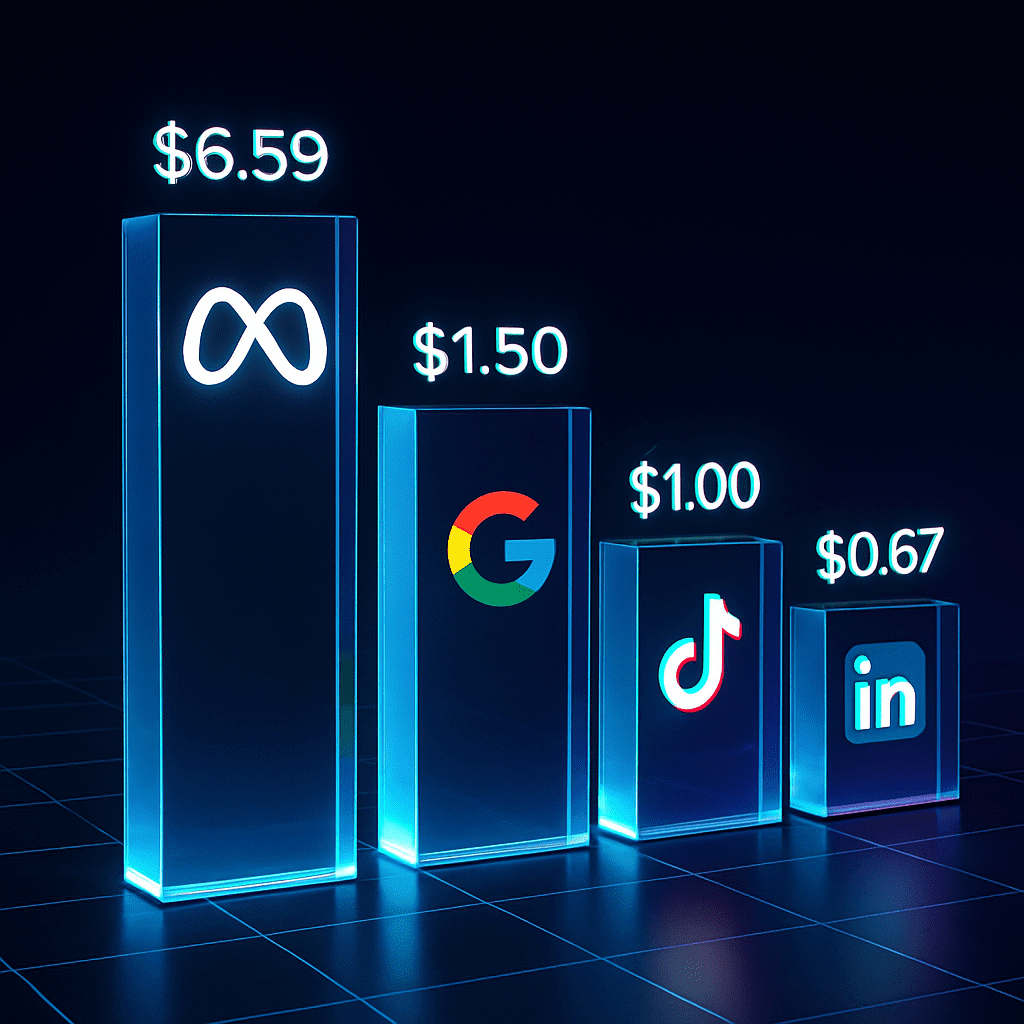 3D bar chart comparing average advertising costs by platform in 2026. Shows Google Search CPC as highest intent cost versus TikTok and Meta CPMs for broader reach.