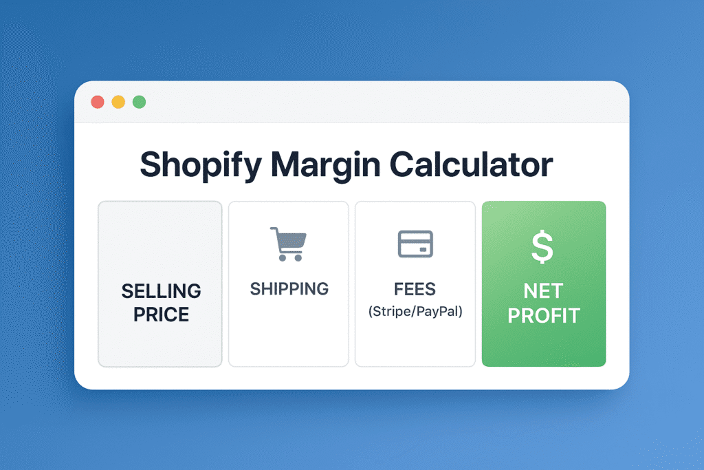 3D isometric illustration of a Shopify margin calculator dashboard featuring floating dollar signs, profit percentage graphs, and fee analysis charts on a clean tech-blue background.