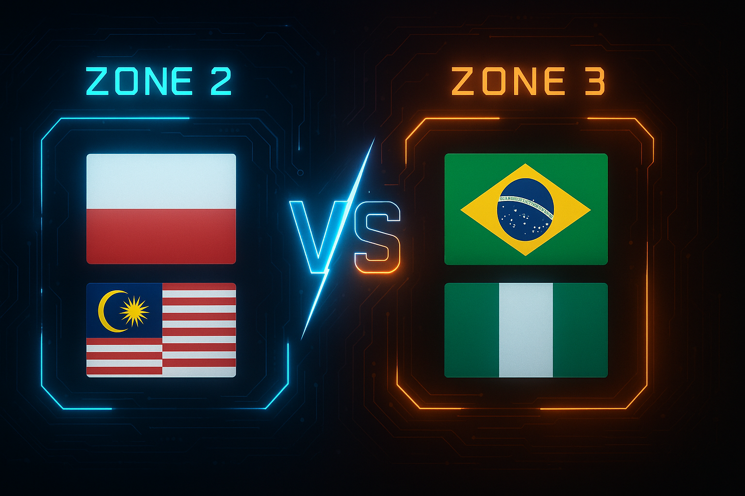 Digital split screen comparison graphic. Left side labeled 'Zone 2' showing Poland/Malaysia flags and a green profit indicator. Right side labeled 'Zone 3' showing Brazil/Nigeria flags and a red loss indicator.