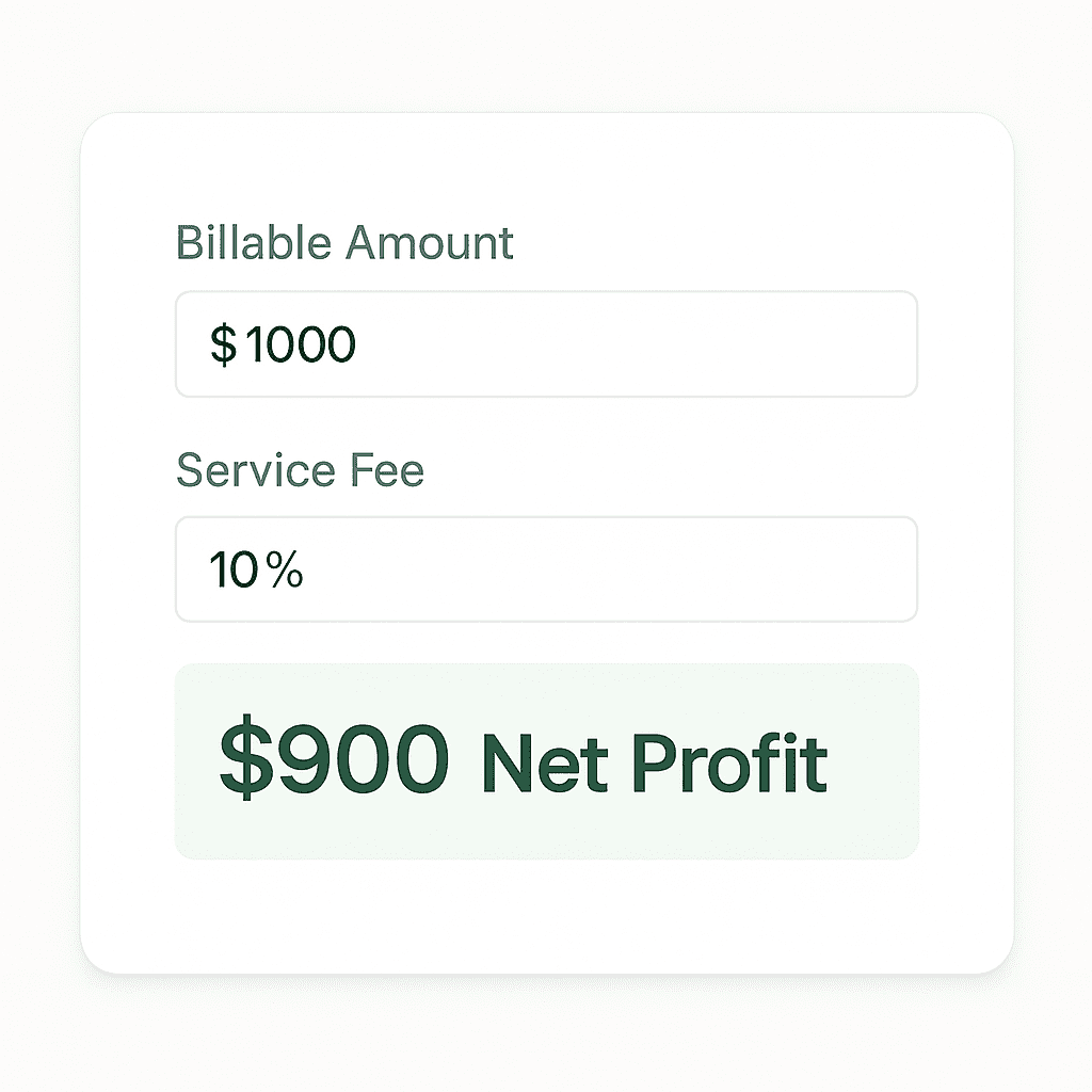 User interface design of the Upwork Fee Calculator showing input fields for hourly rates and net take-home pay results.