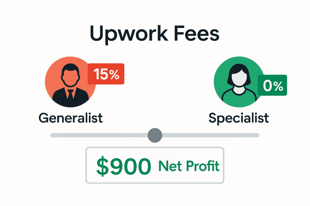 3D illustration of a freelancer workspace displaying an Upwork fee calculator dashboard and net profit analysis for 2025.