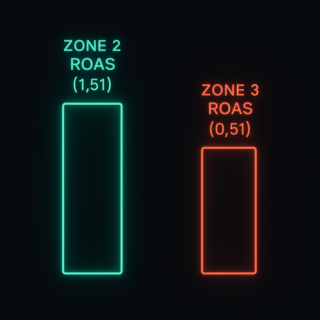 Neon bar chart comparing ROAS results. The Zone 2 bar shows ROAS 1.51 (Green/Cyan). The Zone 3 bar shows ROAS 0.51 (Red/Loss). Illustrates that cheaper traffic did not yield higher profit.